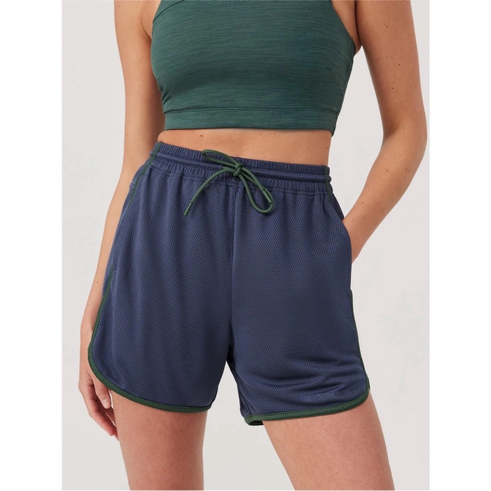 Outdoor Voices Navy Athletic Shorts with Green Trim